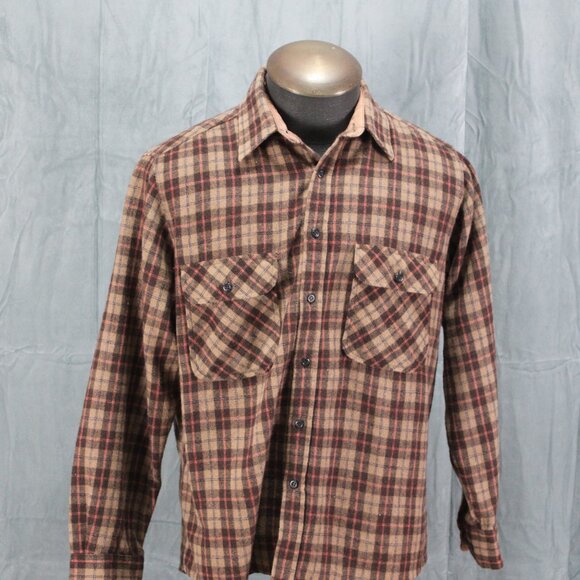 Vintage Flannel Shirt - Sear Brown Plaid Pattern - Men's Large - Picture 5 of 10